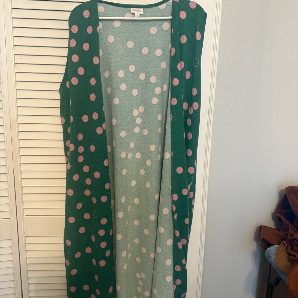 LuLaRoe Green Top with Pink Polka Dots